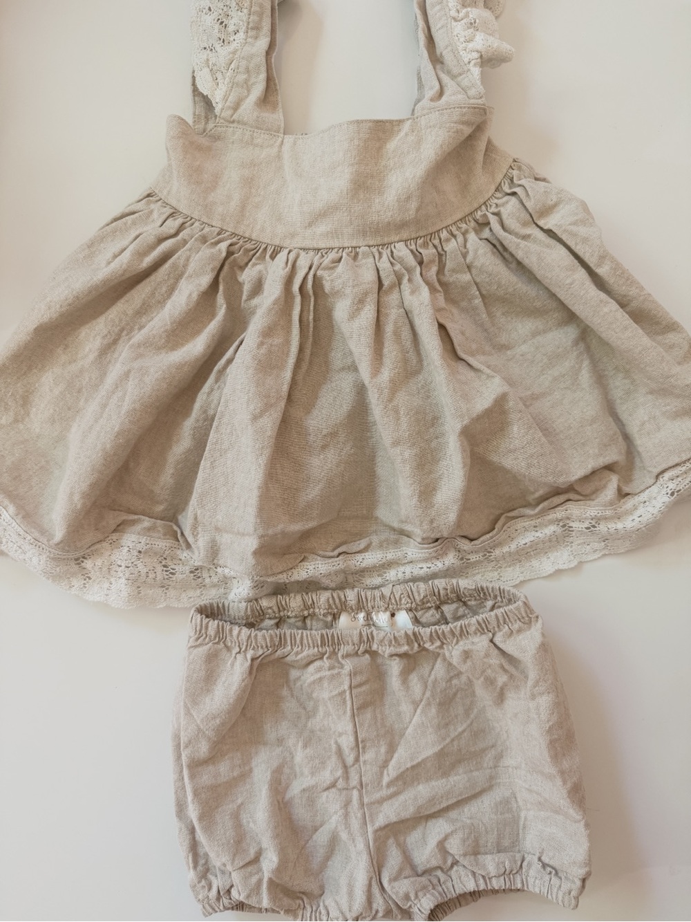 SweetHoney Linen Baby Pinafore tunic & Bloomers Set - Neutral Beige